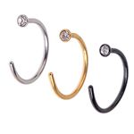 Great Value Set of 3 316L Surgical Steel 20 Gauge Nose Piercings Rings/Hoops In Silver, Golden And Black Colours Studded With Silver Crystals/Rhinestones By VAGA