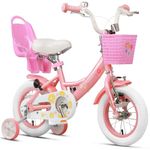 Glerc Maggie 12 Inch Kids Bike for 2 3 4 Years Old Little Girls Toddler Bicycles with ith Doll-Seat & Basket & Stabilisers for Gift, Pink & White