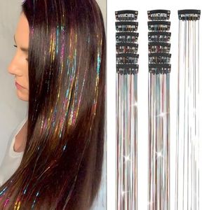 Ubeleco 12Pcs Hair Tinsel Clip in 20.5 Inch Rainbow Fairy Hair Tinsel Kit Hair Accessories for Women Girls Kids Glitter Hair Extensions for Christmas Halloween New Year Party (Rainbow)