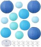 HAUSPROFI Blue Paper Lanterns, 6" 8" 10" 12" Round Paper Lantern with LED Lantern Lights for Indoor and Outdoor Decoration - (Lanterns: 12pcs, Warm White LED Lights: 12pcs)