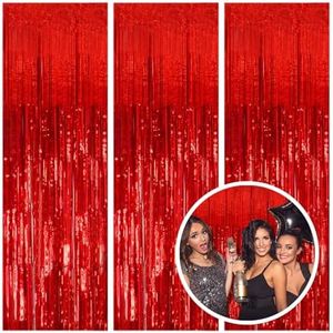 3 Pack Red Party Backdrop Tinsel Streamers Christmas Decorations Foil Fringe Backdrop Curtains Carnival Casino Theme Birthday New Year Holiday Celebration Bachelorette Party Decorations Supplies