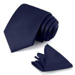 JUNMEISI Navy Blue Tie Set in Gift Box Mens Solid Color 3.15" (8CM) Navy Blue Necktie and Pocket Square Set