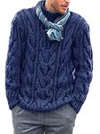 Runcati Knitted Mens Jumper Cable Knit Sweater Long Sleeve Ribbed High Neck Winter Pullover Thick Knitwear, Blue, M