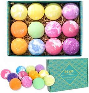 RUQU Bath Bombs gift set of 12 Fizzies. Handmade with Pure Natural Essentials Oils,Shea Butter,Cocoa Butter & Aromatics for Moisturised soft skins. Rich in Fizz and Bubbles for perfect home spa experience.