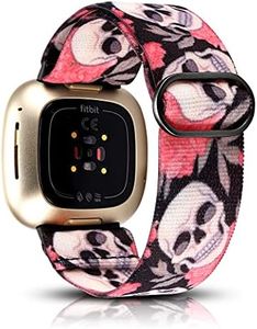 TOYOUTHS Compatible with Fitbit Sense/Sense 2 Band/Versa 3/Versa 4 Bands Women Men Halloween Elastic Adjustable Nylon Fabric Strap Holiday Solo Loop Bracelet Sport Wristband Accessories, Pink Skull