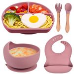 FILOWA Baby Plate and Bowl Set 5 PCS Silicone Feeding Set,Baby Weaning Set with Suction Plate Baby Weaning Bowls,Spoon Fork Cutlery Set,Soft Silicone Bibs for Toddler Girls - Dishwasher Safe, Pink