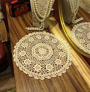 Janef Beige Handmade Crochet Cotton Table mats Lace Doilies Doily Round Lace Placemats 13 Inches 2pc