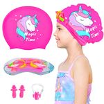 Kids Swim Caps for Girls (Age 2-6), Durable Waterproof Silicone Swimming Cap for Short Hair with Swimming Goggles, Ear Plug and Nose Clip