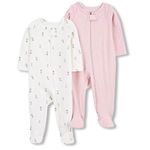 TuddyBuddy Baby Girl's Cotton Printed Full Sleeves Sleepsuit/Footed Rompers for Baby Girl (Pack of 2 Sleepsuits, 0 Months-1 Months/Newborn, Marigold Print & Pink Rib)