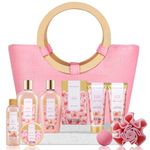 Spa Luxetique Rose Spa Gift Baskets for Women, 10pc Bath Gift Set- Pink Tote Bag with Wooden Handles, Shower Gel, Bubble Bath, Bath Bombs, Christmas & Birthday Gift Idea