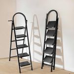BUILDSKILL Black 5 Step Ladder for Home Use with Built-in Tool Tray | Heavy Duty D Shape Rods | 20 x 30 cm Large Step with Rubber Pad | Secure Lock | 150Kg Capacity Foldable Ladder - 5 Years Warranty