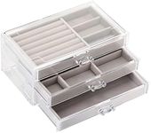 HORHEAR Acrylic Jewelry Organizer 3 Drawers Clear Jewelry Box with Flannel Lining Cosmetics Earrings Ring Bracelet Necklace Holder Accessories Storage Box (Grey)