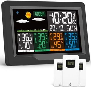 jely Station Météo Sans Fil avec 3 Capteurs Intérieur Extérieur,Écran LCD avec 4 Rétroéclairages Réglables, Radio Stations Météo avec Temps, Prévisions Météorologiques, Baromètre, Réveil