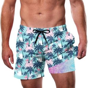 Cozople Swim Trunks with Compression Liner Hawaiian Plam Tree Print Bathing Suit Cute Flamingo Graphic Boxer Brief Lined Swim Shorts Summer Quick Dry Swim Shorts L