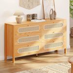 DWVO Natural Rattan 6 Drawer Dressers - Oak Wooden Dresser Chest of Drawers with Golden Handles - Modern Large Closet Boho Dressers Storage Cabinet for Living Room/Hallway/Entryway