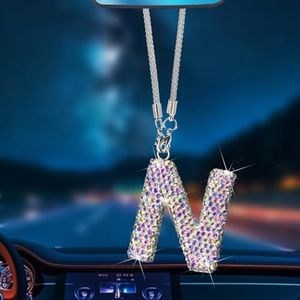 N Shape Bling Crystal Pendant Car Accessories for Women, Hanging Cute Rhinestone Rear View Mirror Accessories, Charm Interior Car Decorations for Girls, Wife, Valentine's Day, Christmas - Rainbow N