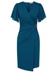 GRACE KARIN Summer Chiffon Casual Dresses for Women UK V-Neck Ruched Wrapped Mini Bodycon Dress for Party Lake Blue L