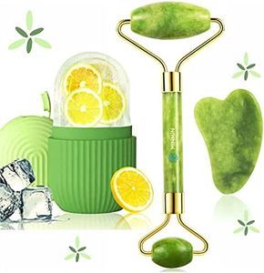 Cipzi Face Massager For Women Reusable Silicon Ice Cube Roller Massage And 100% Natural Jade Roller with Gua Sha Stone Set Facial Roller For Skin Eye Neck Body (ice roller and stone roller)
