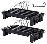 ilauke 10 Pack Trouser Hangers Skirt Hangers Black Plastic Clothes Hangers with Strong Non-slip Adjustable Clips, 360° Hook, Hangers for Skirts, Jeans, Slacks + Magic Hanger