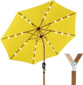 Best Choice Products 10ft Solar Market Patio Umbrella w/Woodgrain Pattern Pole, LED Lights, Tilt & Crank – Outdoor Sun Shade for Backyard Table, Deck, Poolside – Yellow