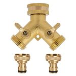 Skystuff 2 Way Brass Garden Tap Splitter, Double Way 3/4" Hose Connector, Tap Water Hose Tap Quick Individual On/Off Splitter Connector with 2 Quick Connector for Hose Pipe Irrigation Tool Fitting