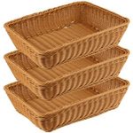 SHEUTSAN 3 Pack 15.7 x 11.8 Inch Poly Wicker Woven Bread Baskets, Rectangle Handmade Rattan Woven Pantry Organizer Storage Basket, Tabletop Food Serving Baskets for Bread Vegetable Fruit Food, Brown