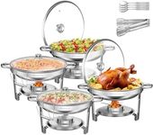 WARMOUNTS Chafing Dishes for Buffet 5QT 4Pack, [95% Pre-Assembled] Round Chafing Dish Buffet Set w/Glass Lid & Lid Holder, Serving Utensils, Stainless Steel Chafers for Catering for Parties, Wedding