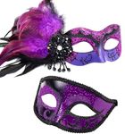MYSEUNI 2024 New Purple Masquerade Mask with Feather Couple - Womens and Mens Party Masks for Adults Masquerade - Women Costume Mask for Mardi Gras, Cosplay Party