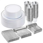 BESTVIP 300PCS Plastic Dinnerware Set (50 Guests), Silver Disposable Plates for Party, Wedding, Anniversary, Includes: Dinner Plates, Dessert Plates, Cups, Spoons, Forks and Knives