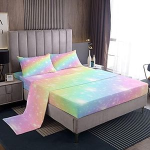 Erosebridal Rainbow Bedding Sets for Girls Kids Teens Tie Dye Pastel Bed Sheet Set Twin Size Golden Glitter Girly Sweet Sheet Set Abstract Watercolor Art Fitted Sheet + Flat Sheet + 1 Pillow Case