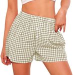 PRETTYGARDEN Womens Boxer Shorts 2025 Summer Casual Lounge Sleep Gingham Pajama Y2K Plaid Short Pants with Pockets(Light Army Green,Medium)