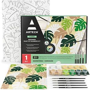 ARTEZA Paint by Numbers Kit, 12x16 Inches, 21 Pieces, Monstera Canvas Painting Kit, Canvas Panel, 12 Acrylic Paint Pots, 5 Paintbrushes, Art Supplies for a Meditative and Calming