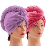 CAIHONG Microfibre Hair Towel 2 Pack, Hair Turbans for Wet Hair with Button, Anti Frizz Hair Turban, Super Absorbent Hair Towel Wrap for Women Curly, Long, Short Hair (Purple & Red)