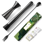 Homestia 10" Stainless Steel Muddler for Cocktails Drink Muddler, 12" Cocktail Spoon, 1 oz 2 oz Double Jigger, Basic 3 Piece Black Cocktail Set Mixing Tools, Mini Home Bar Tool Set for Beverages Drink