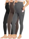 Enerful Womens Maternity Leggings with Pockets Workout Legging Pants Buttery Soft Pregnancy Active Wear Yoga Tights - 3pack Black/Gray/Coffee - X-Large