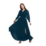 B-FASHION Georgette V-Neck Long Flared Side Slit Teal Color Kurti Dress for Women