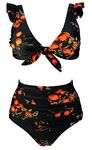 COCOSHIP Women's Retro Floral High Waisted Shirred Bikini Set Tie Front Closure Top Ruffle Swimsuit(FBA), Black Tangerine, 4