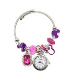 ZOVUTA Women and Girls Fashion Stainless Steel Beaded Adjustable Quartz Watch with Hanging Charms Bangle Jewellery Friendship Bracelet (Random Pearl Designs) Silver with Purple