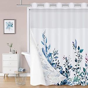REZAYMRS Floral 3 in 1 Shower Curtain No Hooks Design, 71x74 inch Waterproof & Washable, Polyester Shower Curtains with Snap in Fabric Liner, Sheer Top Window, Double Layer Bathtubs Hotel Curtain Set