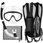 Odoland Snorkel Set with Wide View Diving Mask, Dry Top Snorkel, Swim Fins in Carry Mesh Bag, Anti-Fog Anti-Leak Snorkeling Gear for & Kids Black/Clear S