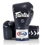 Fairtex Pro Leather Laced Competition Gloves - Locked Thumb for Muay Thai and Boxing (Blue, 8 oz)