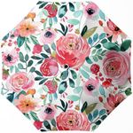 WSZYNDF Pink Watercolor Flowers Umbrella, Small Travel Compact Automatic Floral Folding Umbrella for Rain and Wind, UV Shade Sun Umbrella for Women