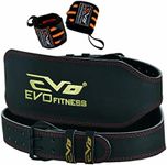 EVO Fitness 6” Matte Black Weight Lifting Belt With 18" Wrist Straps Gym Cowhide Leather Padded Lumbar Back Support Powerlifting Bodybuilding Workout Training Men Women (Black, Large)