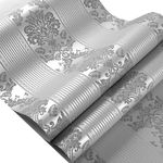 Luxury Silver Grey Damask Wallpaper Metallic Grey Wallpaper Luxury Floral Embossed Flock Textured Non-Woven Wallpaper Roll for Bedroom Livingroom Hallway