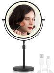 OMIRO 1X/10X Makeup Mirror with Lights,8.5 Inches Double Sided Vanity Mirror with Height-Adjustable Stand,Magnifying Mirror with 3 Color Light (Black)