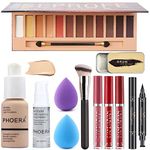 All in One Makeup Set 12 Colors Eyeshadow Palette Matte Foundation Face Primer, 3 Colors Liquid Lipstick, Eyebrow Soap, Winged Eyeliner Stamp, Makeup Brush, Makeup Sponge, Makeup Set (Set A)