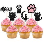 24Pcs Cat Cupcake Toppers Black Glitter Cat Meow Cupcake Food Picks Cat Lover Kitten Theme Baby Shower Kids Birthday Wedding Party Cake Decorations Supplies