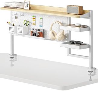 PEGZONE Clamp on Desk Shelf, 44" Desktop Shelving System with Pegboard and Accessories, Desktop Organizer with 2-Tier Shelf, Desk Pegboard for Gaming Office, White