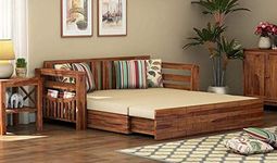 WOODTREND Solid Teak Wood Sofa Cums Bed for Home Living Room Wooden with Storage | Sofa Cums Bed 3 Seater Furniture Without Pillow with Mattres | Brown Natural Finish, 3-Person Sofa