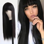 Osen Black Wig 22 inches Full Long Straight Hair Wig for Women Heat Resistant Yaki Synthetic Hair Women's Wig With Hair Bangs FREE 2 wig cap,1 carry pouch